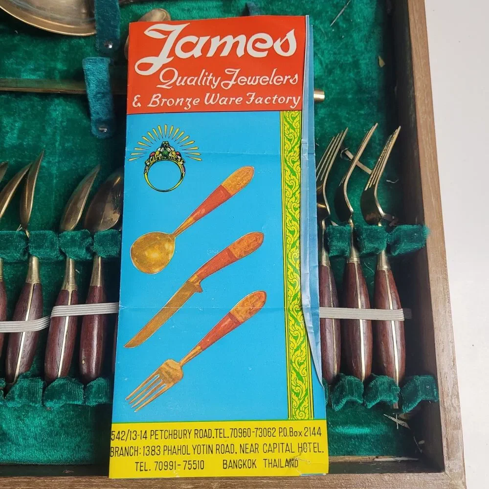Vintage JAMES Bangkok Thailand 28 pcs Bronze Brass Silverware Utensil Set